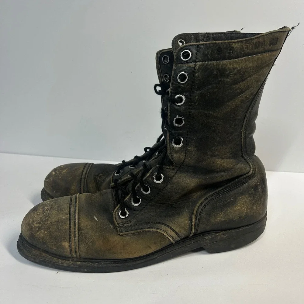 Vintage Military Combat Boots Black Leather Mens 9 R Cap Toe Distressed Rugged